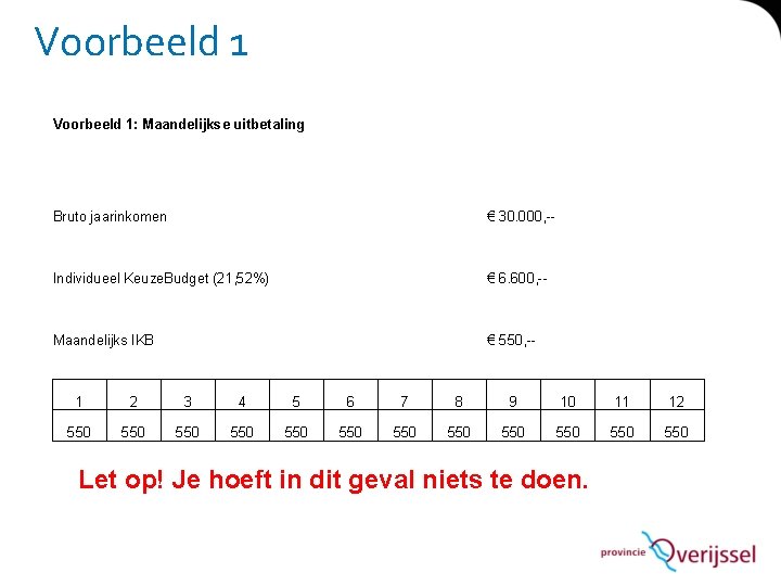 Voorbeeld 1: Maandelijkse uitbetaling Bruto jaarinkomen € 30. 000, -- Individueel Keuze. Budget (21,