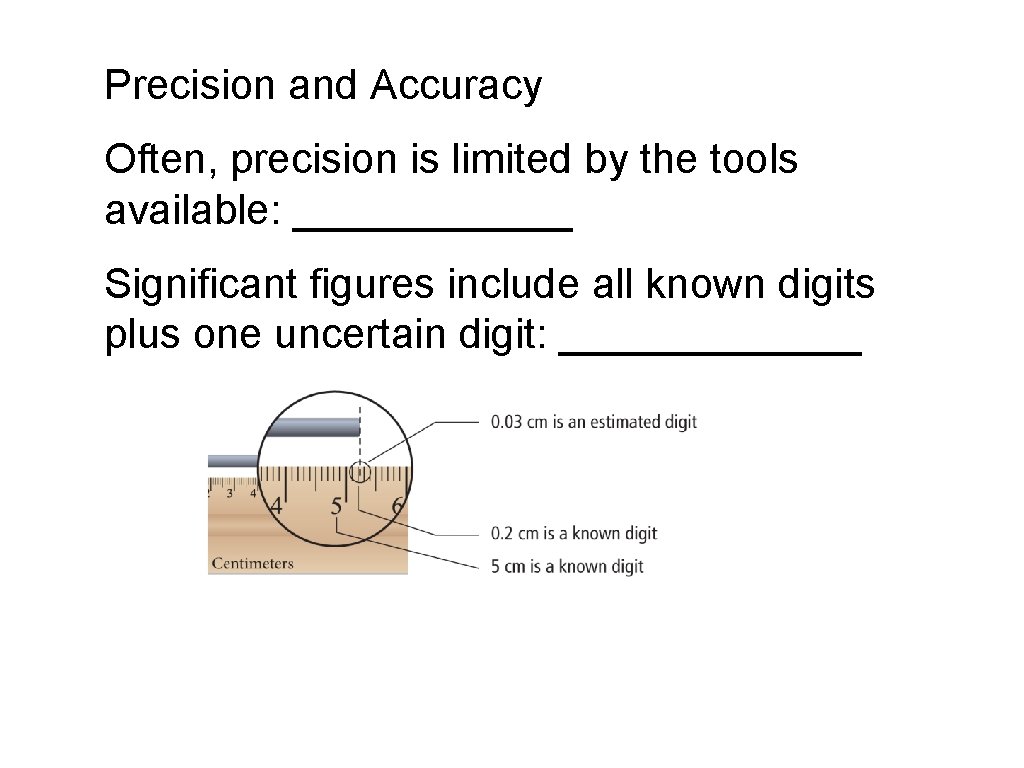 Precision and Accuracy Often, precision is limited by the tools available: ______ Significant figures Precision and Accuracy Often, precision is limited by the tools available: ______ Significant figures