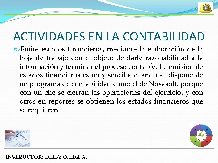 ACTIVIDADES EN LA CONTABILIDAD Emite estados financieros, mediante la elaboración de la hoja de