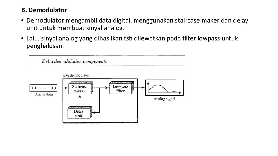 B. Demodulator • Demodulator mengambil data digital, menggunakan staircase maker dan delay unit untuk