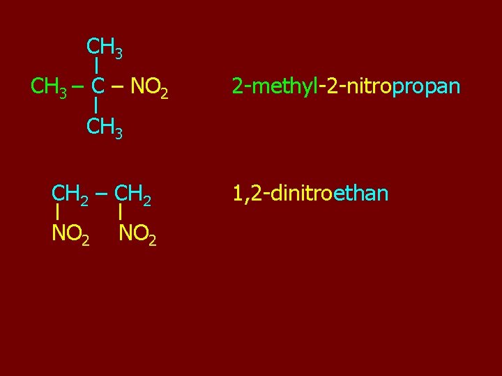 CH 3 – C – NO 2 2 -methyl-2 -nitropropan CH 3 CH 2