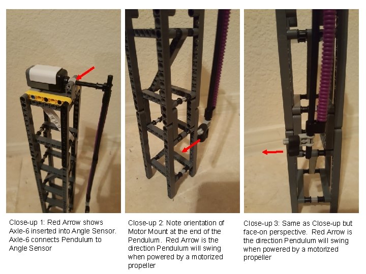 Close-up 1: Red Arrow shows Axle-6 inserted into Angle Sensor. Axle-6 connects Pendulum to