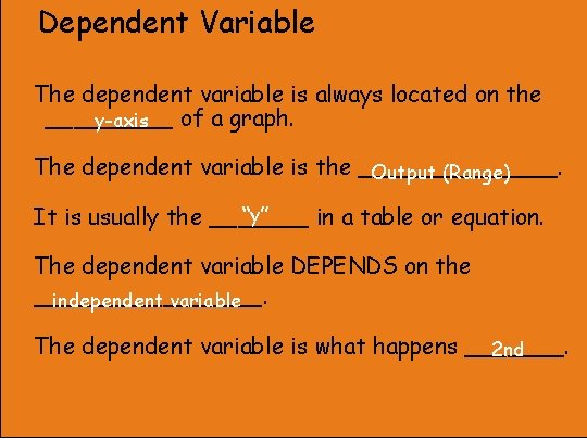 Dependent Variable The dependent variable is always located on the _____ of a graph.