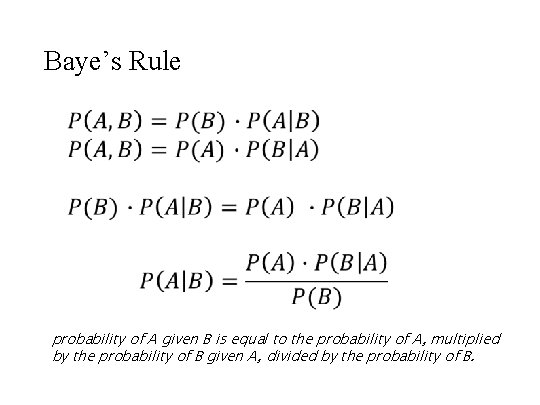 Baye’s Rule probability of A given B is equal to the probability of A,