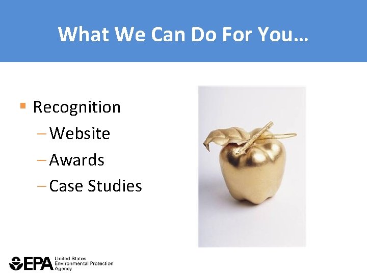 What We Can Do For You… § Recognition – Website – Awards – Case