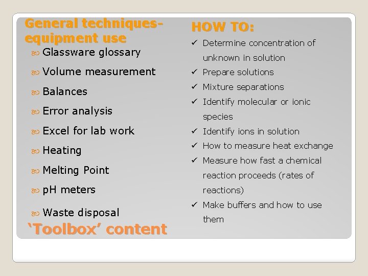 General techniquesequipment use Glassware Volume glossary measurement Balances Error analysis Excel for lab work