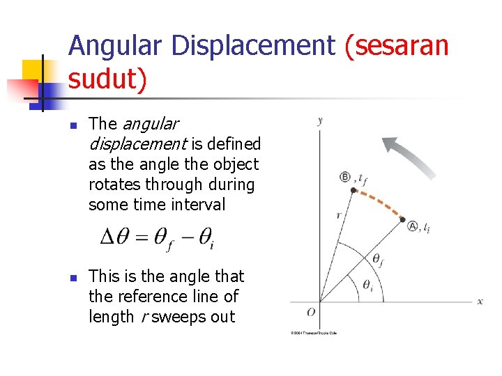 Angular Displacement (sesaran sudut) n The angular displacement is defined as the angle the