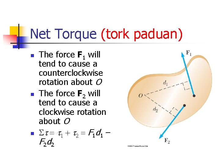 Net Torque (tork paduan) n n n The force F 1 will tend to