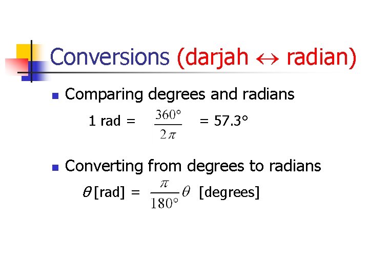 Conversions (darjah radian) n Comparing degrees and radians 1 rad = n = 57.