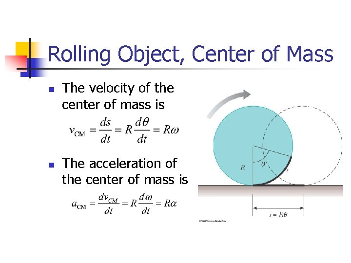 Rolling Object, Center of Mass n n The velocity of the center of mass