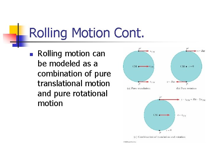 Rolling Motion Cont. n Rolling motion can be modeled as a combination of pure