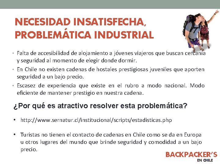 NECESIDAD INSATISFECHA, PROBLEMÁTICA INDUSTRIAL • Falta de accesibilidad de alojamiento a jóvenes viajeros que