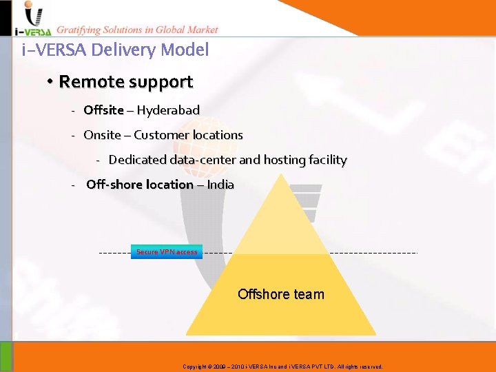 i-VERSA Delivery Model • Remote support - Offsite – Hyderabad - Onsite – Customer