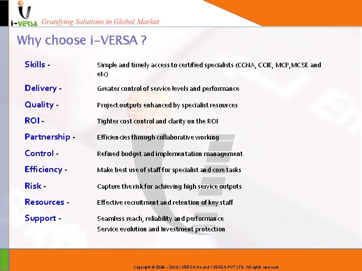 Why choose i-VERSA ? Skills - Simple and timely access to certified specialists (CCNA,