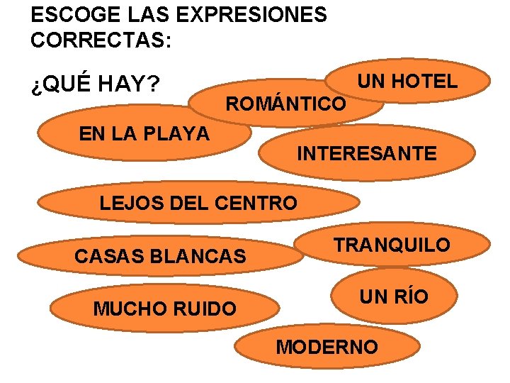 ESCOGE LAS EXPRESIONES CORRECTAS: ¿QUÉ HAY? ROMÁNTICO EN LA PLAYA UN HOTEL INTERESANTE LEJOS