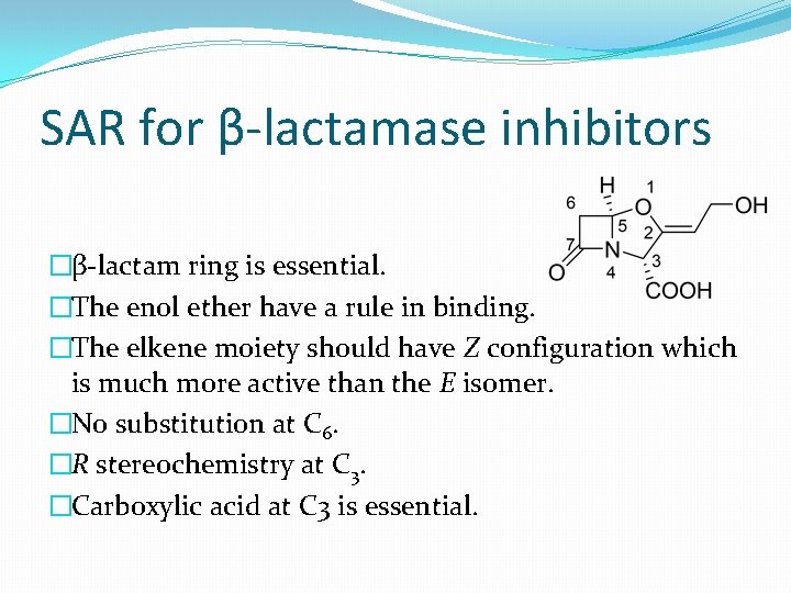 SAR for β-lactamase inhibitors �β-lactam ring is essential. �The enol ether have a rule