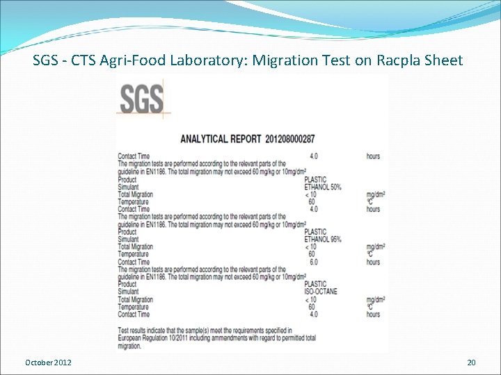 SGS - CTS Agri-Food Laboratory: Migration Test on Racpla Sheet October 2012 20 