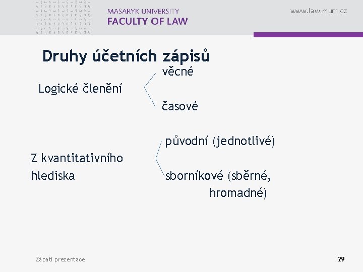 www. law. muni. cz Druhy účetních zápisů věcné Logické členění časové původní (jednotlivé) Z