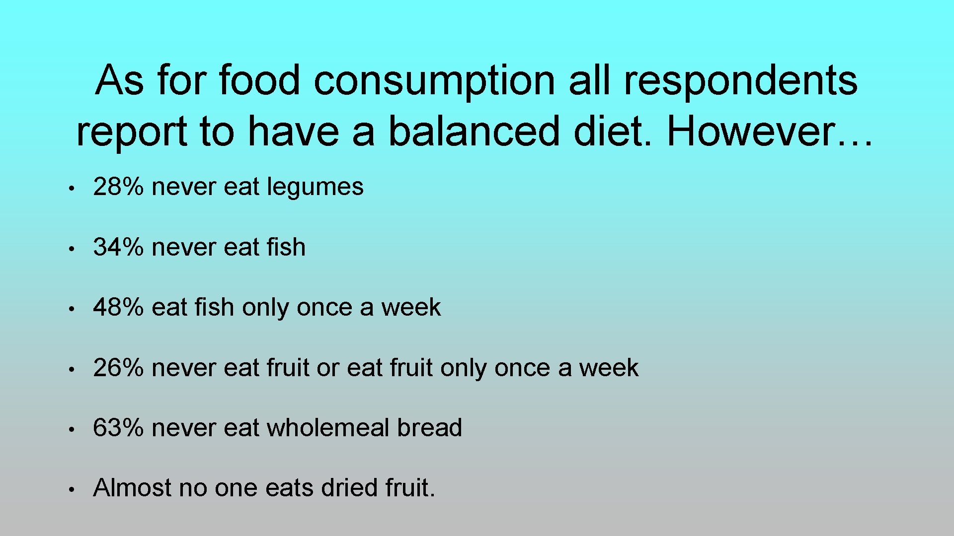 As for food consumption all respondents report to have a balanced diet. However… • As for food consumption all respondents report to have a balanced diet. However… •