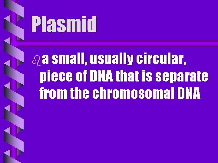 Plasmid ba small, usually circular, piece of DNA that is separate from the chromosomal