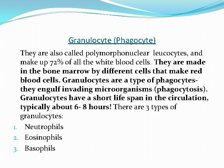 Granulocyte (Phagocyte) They are also called polymorphonuclear leucocytes, and make up 72% of all