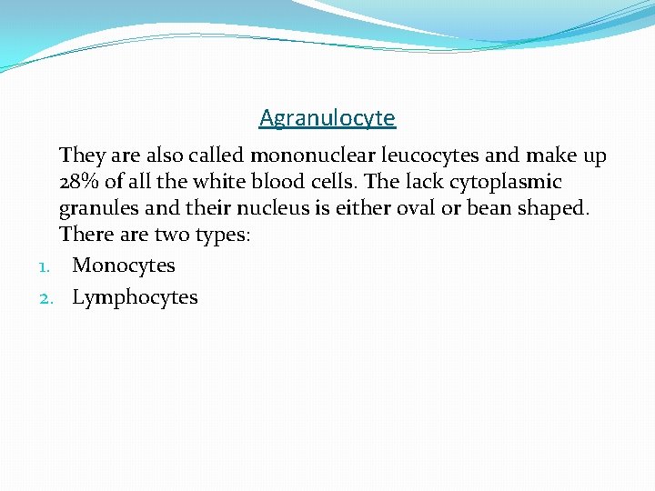 Agranulocyte They are also called mononuclear leucocytes and make up 28% of all the