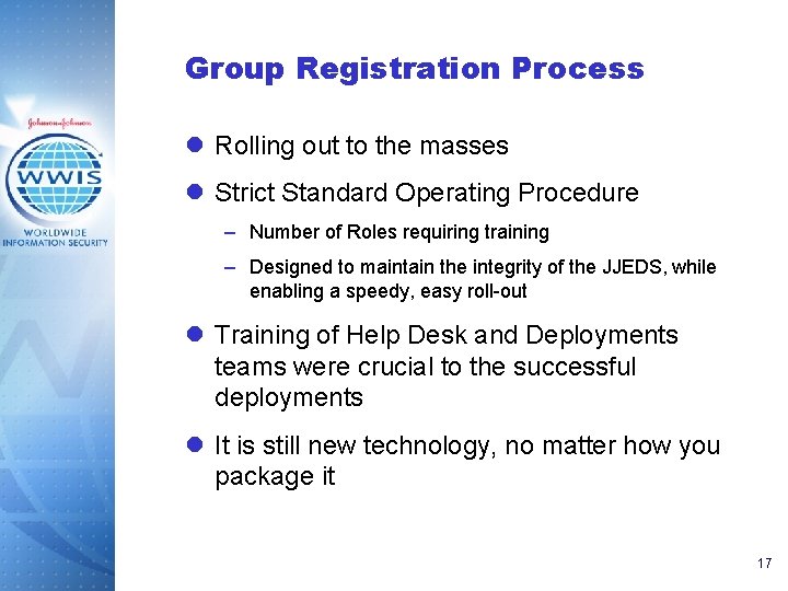 Group Registration Process l Rolling out to the masses l Strict Standard Operating Procedure