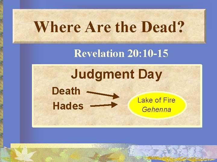 Where Are the Dead? Revelation 20: 10 -15 Judgment Day Death Hades Lake of