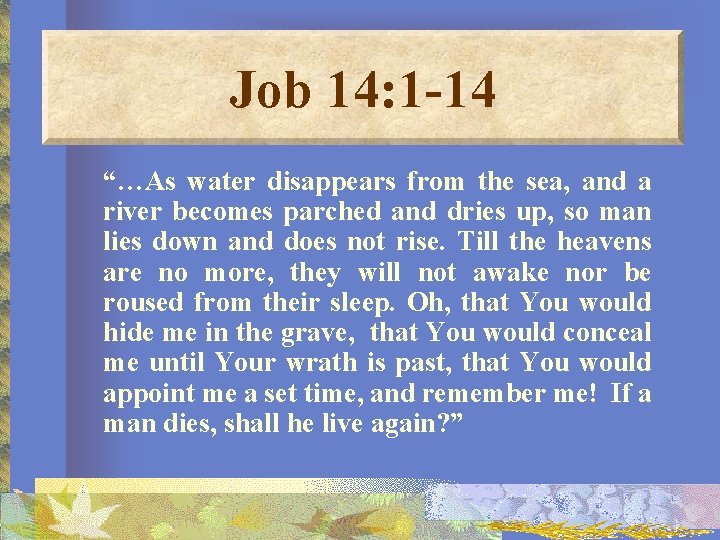 Job 14: 1 -14 “…As water disappears from the sea, and a river becomes
