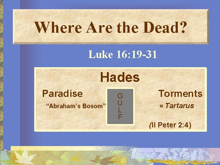 Where Are the Dead? Luke 16: 19 -31 Hades Paradise “Abraham’s Bosom” G U