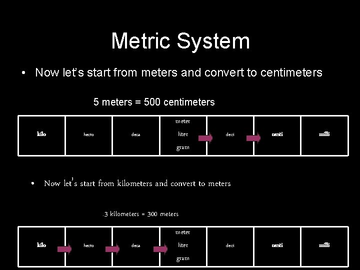 Metric System • Now let’s start from meters and convert to centimeters 5 meters Metric System • Now let’s start from meters and convert to centimeters 5 meters