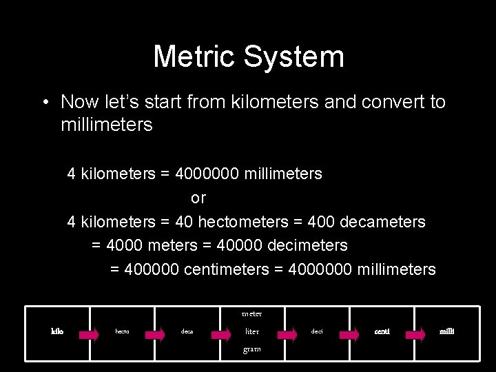 Metric System • Now let’s start from kilometers and convert to millimeters 4 kilometers Metric System • Now let’s start from kilometers and convert to millimeters 4 kilometers