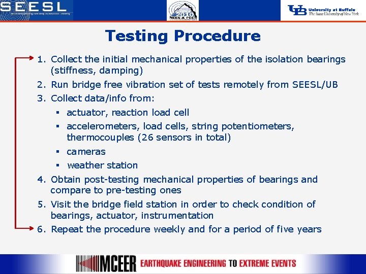 Testing Procedure 1. Collect the initial mechanical properties of the isolation bearings (stiffness, damping)