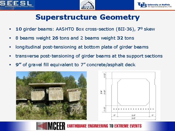 Superstructure Geometry § 10 girder beams: AASHTO Box cross-section (BII-36), 70 skew § 8