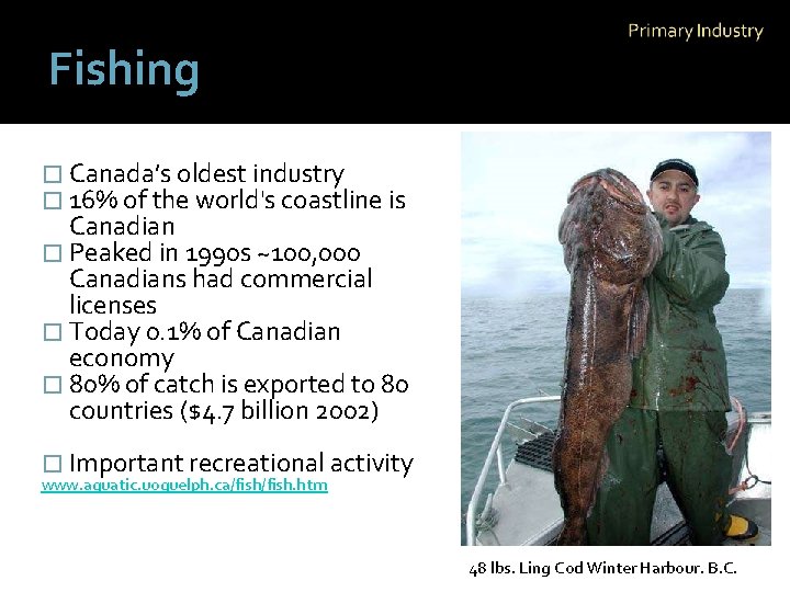 Fishing � Canada’s oldest industry � 16% of the world's coastline is Canadian �