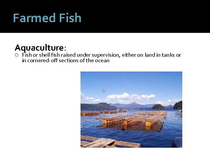 Farmed Fish Aquaculture: Fish or shell fish raised under supervision, either on land in