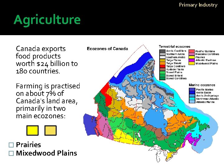 Primary Industry Agriculture Canada exports food products worth $24 billion to 180 countries. Farming