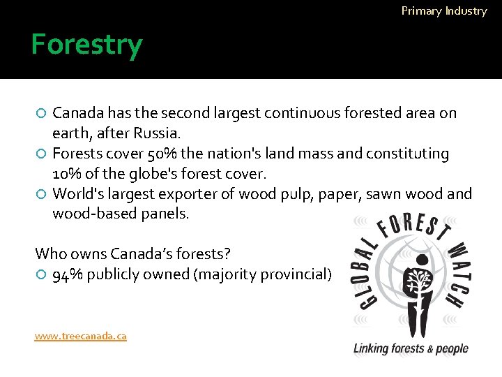 Primary Industry Forestry Canada has the second largest continuous forested area on earth, after