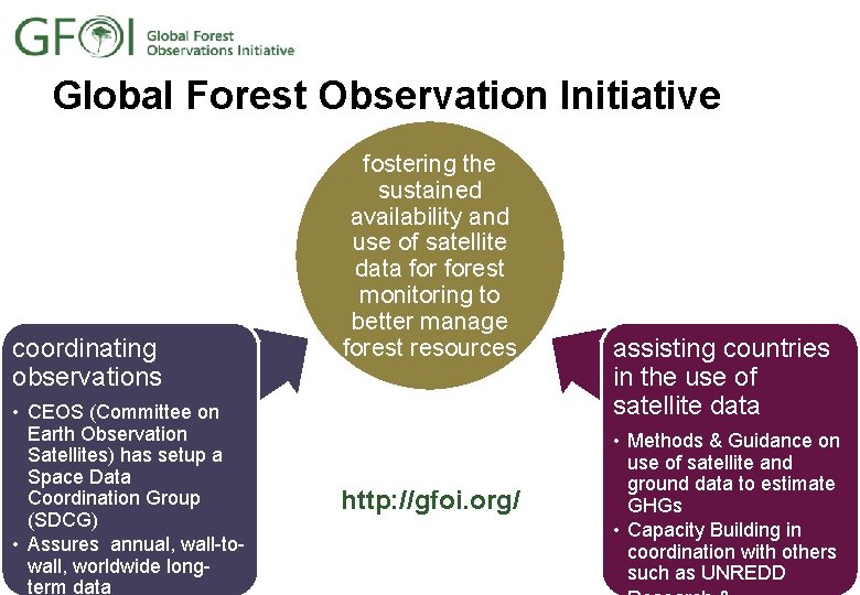 Global Forest Observation Initiative coordinating observations • CEOS (Committee on Earth Observation Satellites) has