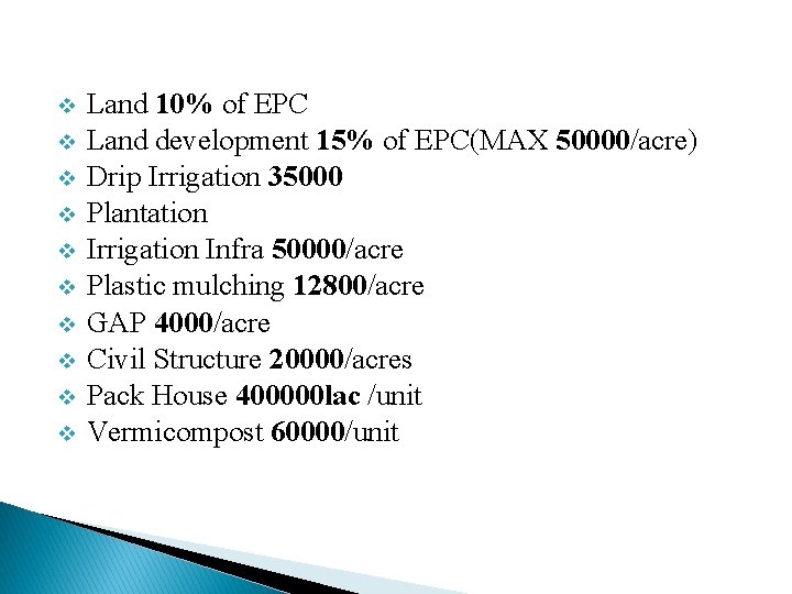 v Land 10% of EPC v Land development 15% of EPC(MAX 50000/acre) v Drip