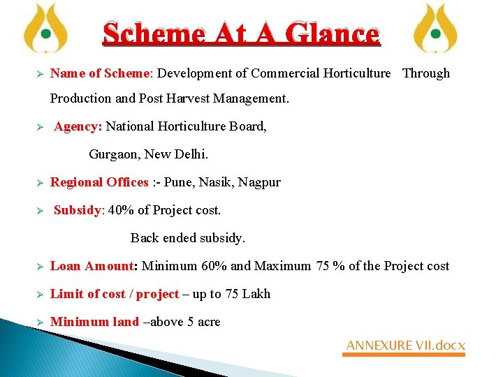 Scheme At A Glance Ø Name of Scheme: Development of Commercial Horticulture Through Production