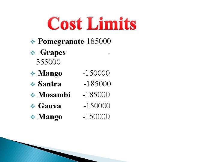 Cost Limits v Pomegranate-185000 v Grapes 355000 v Mango -150000 v Santra -185000 v