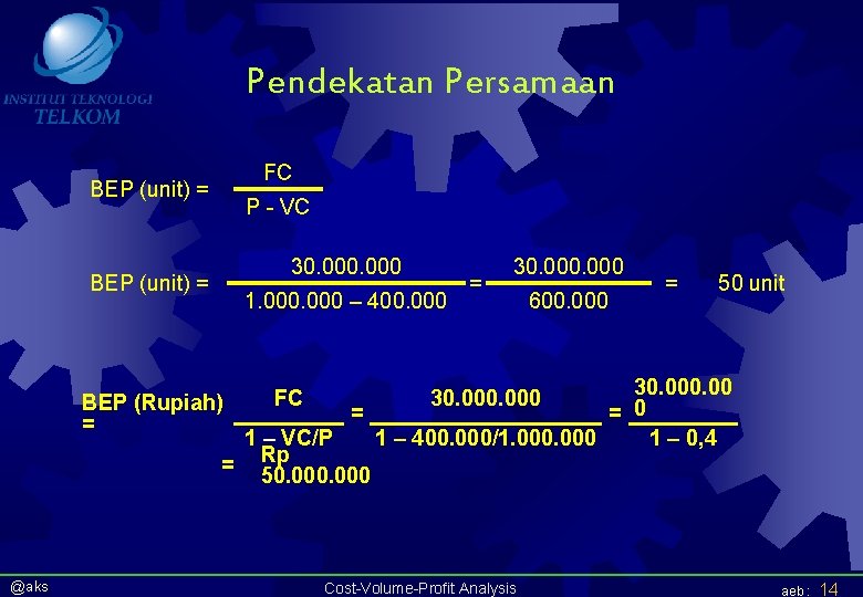 Pendekatan Persamaan FC BEP (unit) = P - VC 30. 000 BEP (unit) =