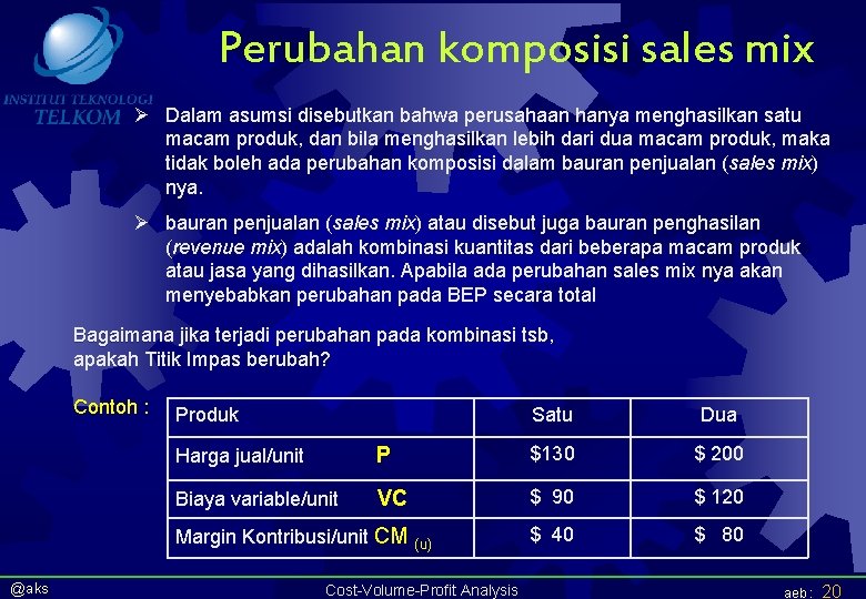 Perubahan komposisi sales mix Ø Dalam asumsi disebutkan bahwa perusahaan hanya menghasilkan satu macam