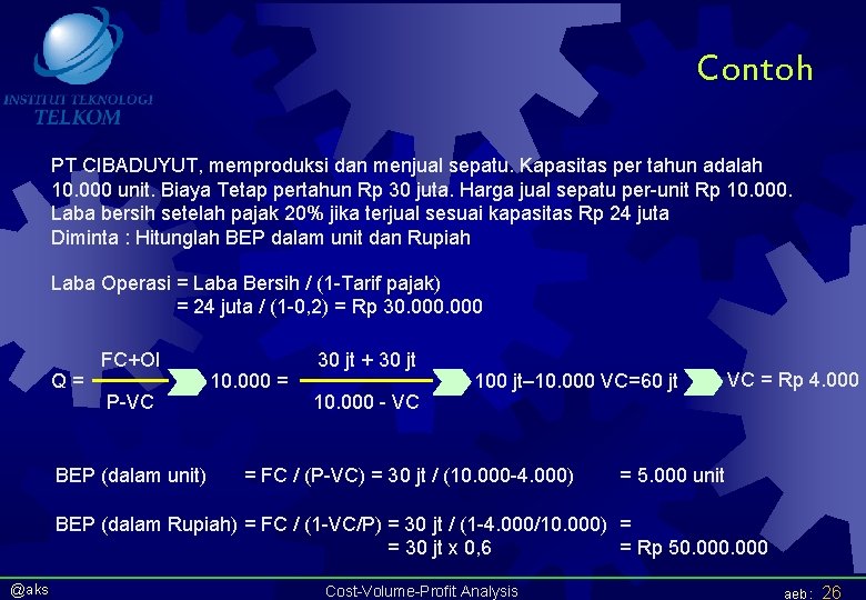 Contoh PT CIBADUYUT, memproduksi dan menjual sepatu. Kapasitas per tahun adalah 10. 000 unit.