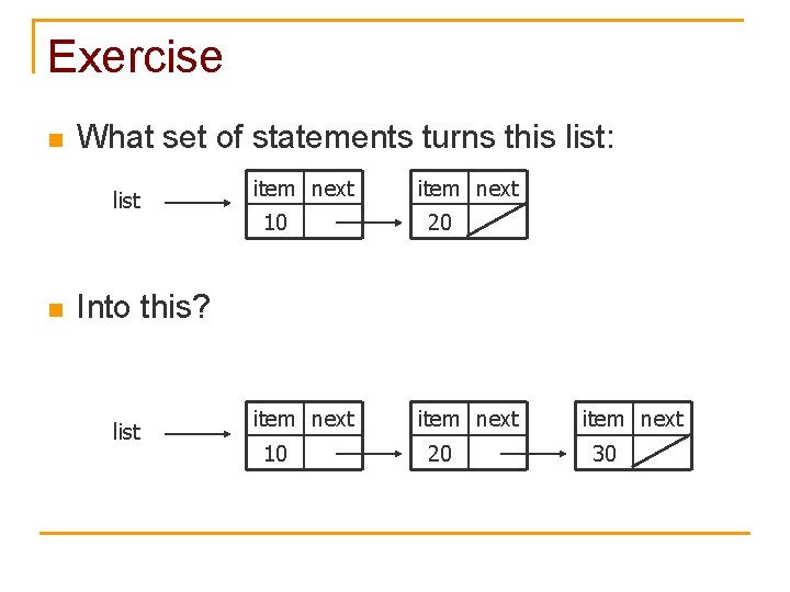 Exercise n What set of statements turns this list: list n item next 10