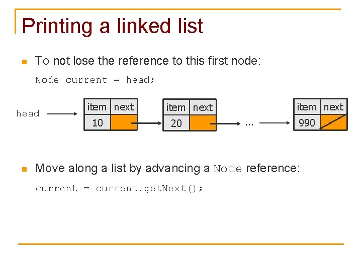 Printing a linked list n To not lose the reference to this first node:
