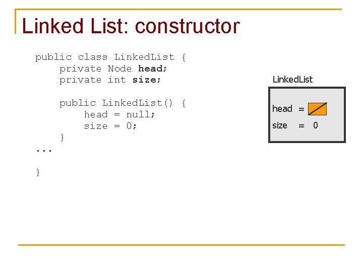 Linked List: constructor public class Linked. List { private Node head; private int size;