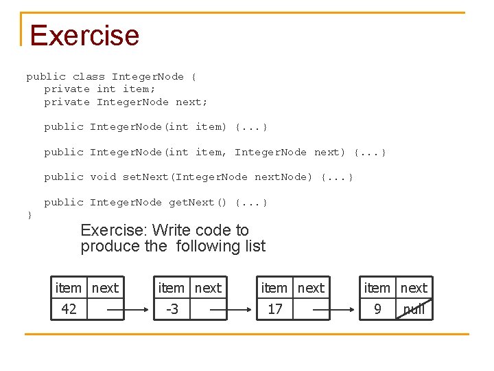 Exercise public class Integer. Node { private int item; private Integer. Node next; public