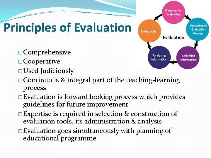 Principles of Evaluation � Comprehensive � Cooperative � Used Judiciously � Continuous & integral